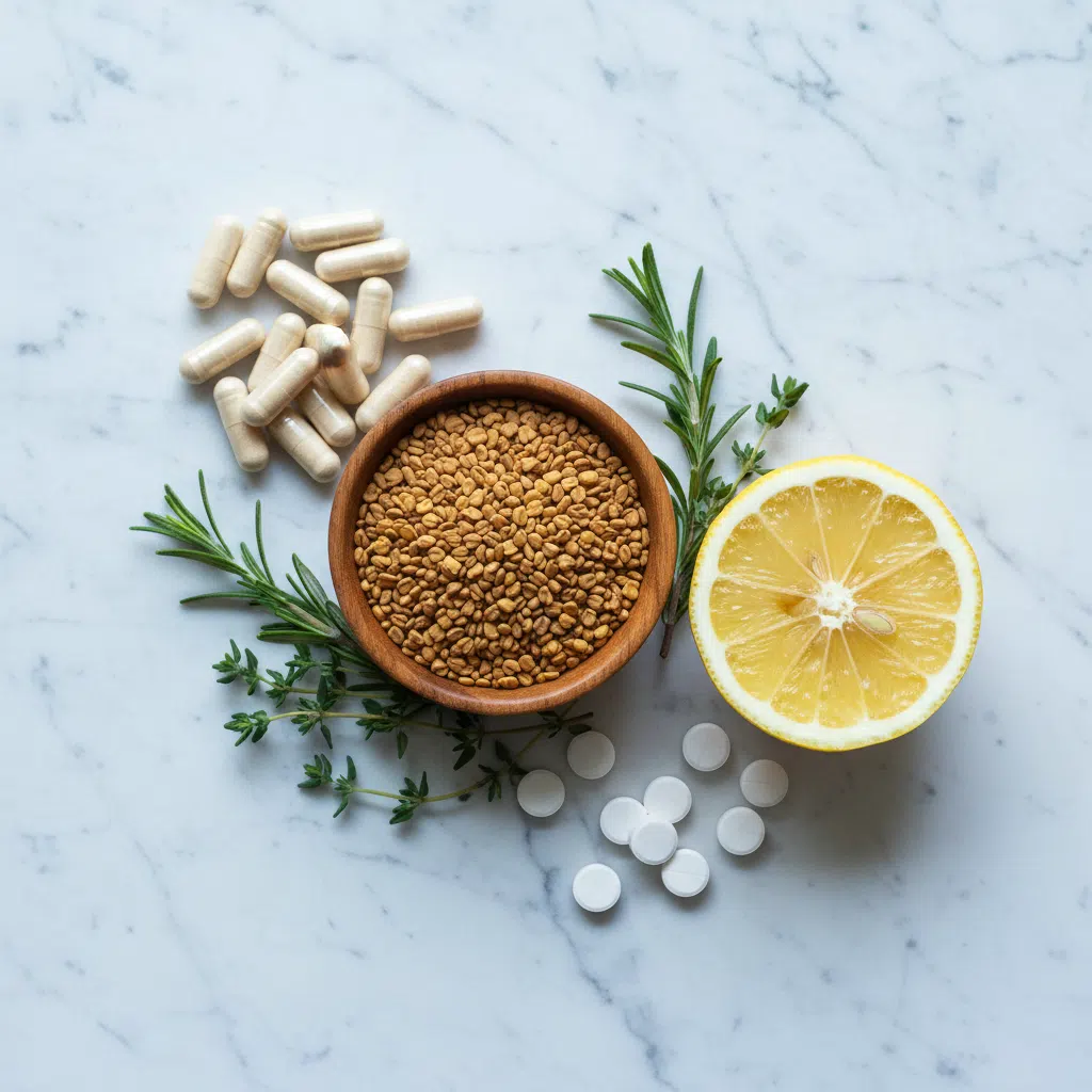 Flat lay of natural botanical ingredients - fenugreek seeds, zinc, L-arginine capsules for men's wellness